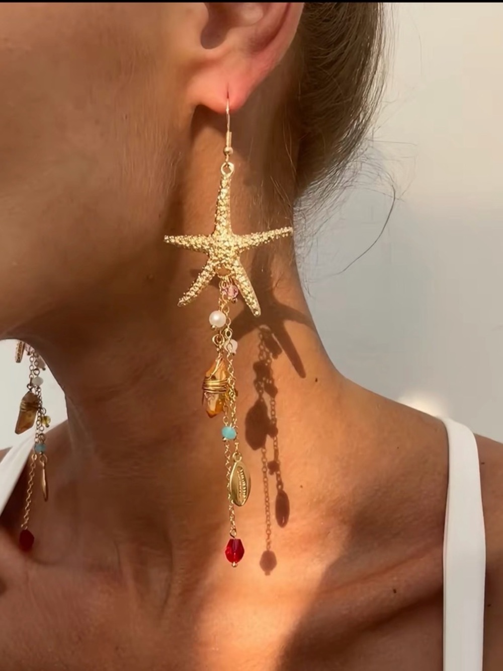 Gold Starfish Dangle Earrings with Bead Charms